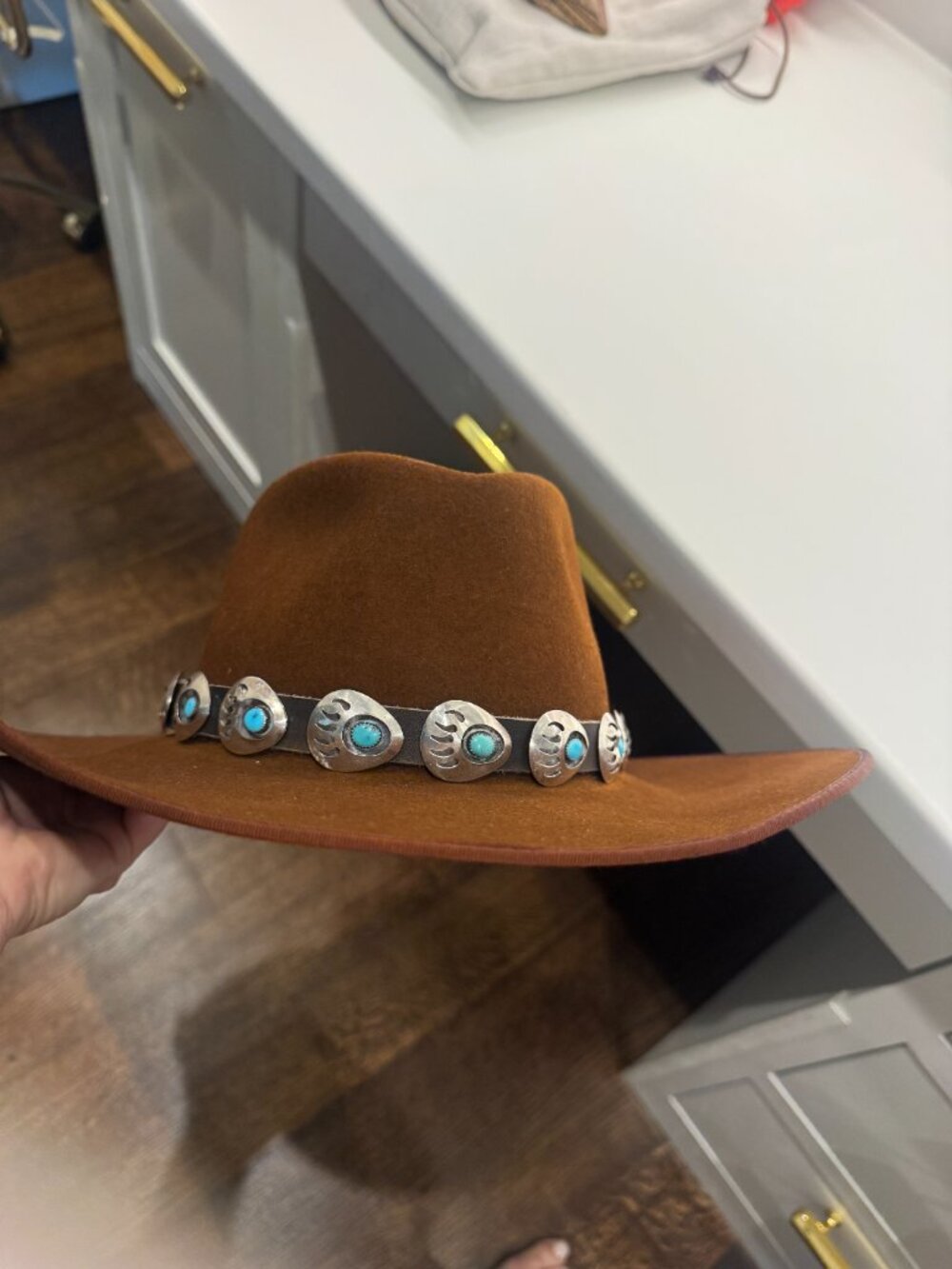 Genuine Turquoise & Sterling Silver Black leather vintage concho hat band/belt